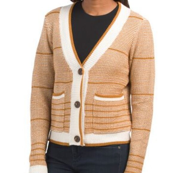Belldini Los Angeles Varsity Trip Cotton Textured Knit Cardigan Ecru Size S/P - Picture 1 of 9